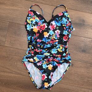 AQUA GREEN One Piece V Neck Swimsuit Womens M Black Floral Ring Cut Out UPF 50